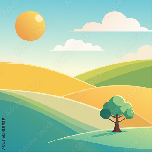 quiet landscape with hills, sun, and a lone tree, soft gradients