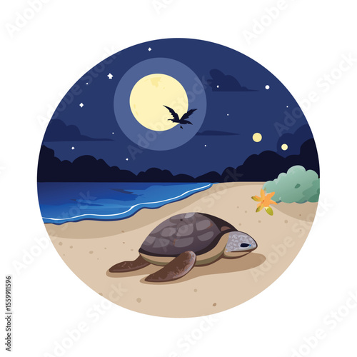 Tranquil night scene of a sea turtle carefully walking on a beach sand vector art design 