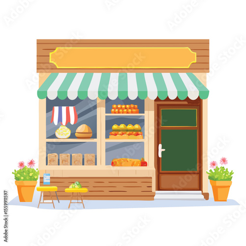 Vibrant Bakery storefront with various pastry vector art design 