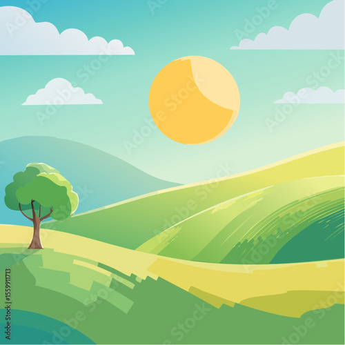 quiet landscape with hills, sun, and a lone tree, soft gradients