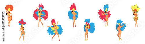Brazilian Woman Samba Dancer in Bright Parade Feather Dress Vector Set