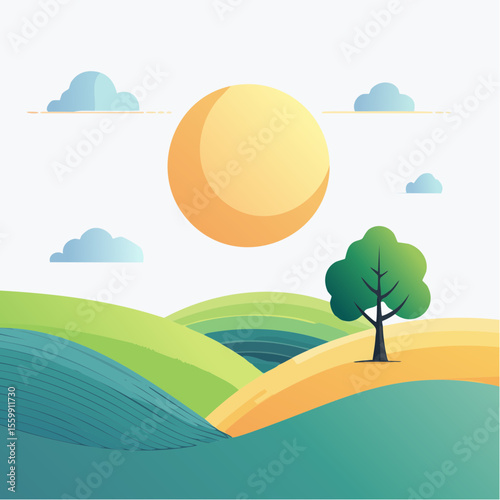 quiet landscape with hills, sun, and a lone tree, soft gradients