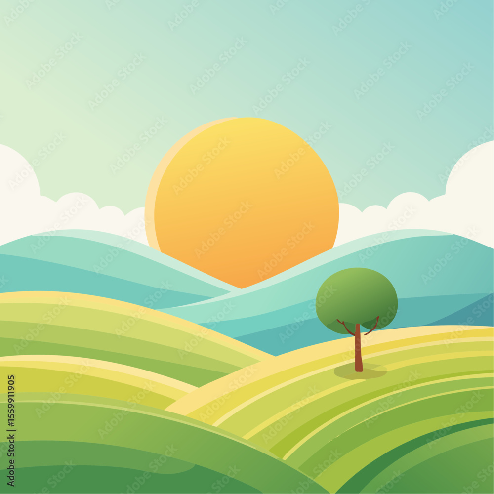 Fototapeta premium quiet landscape with hills, sun, and a lone tree, soft gradients