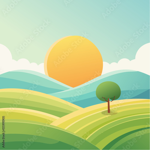 quiet landscape with hills, sun, and a lone tree, soft gradients
