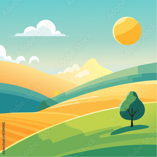 quiet landscape with hills, sun, and a lone tree, soft gradients