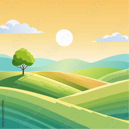 quiet landscape with hills, sun, and a lone tree, soft gradients
