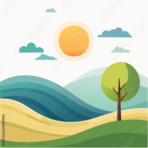 quiet landscape with hills, sun, and a lone tree, soft gradients