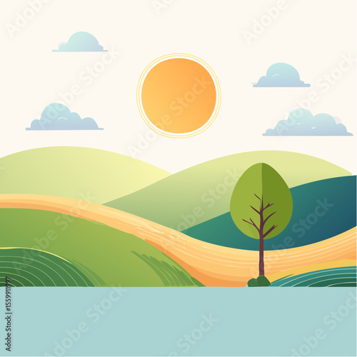 quiet landscape with hills, sun, and a lone tree, soft gradients