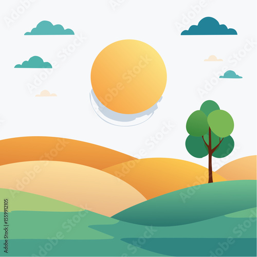 quiet landscape with hills, sun, and a lone tree, soft gradients