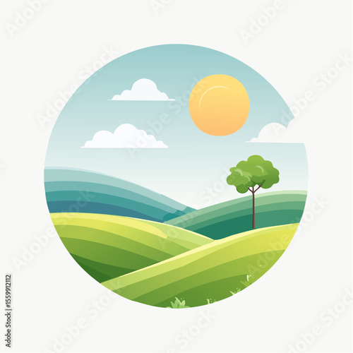 quiet landscape with hills, sun, and a lone tree, soft gradients