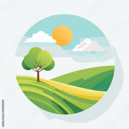 quiet landscape with hills, sun, and a lone tree, soft gradients