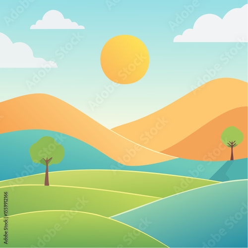 quiet landscape with hills, sun, and a lone tree, soft gradients