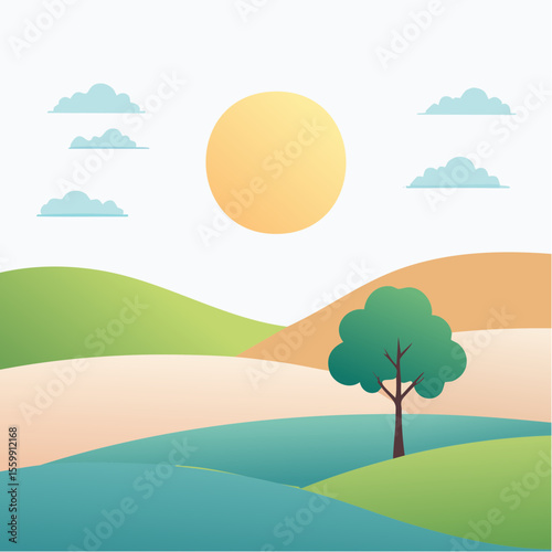 quiet landscape with hills, sun, and a lone tree, soft gradients