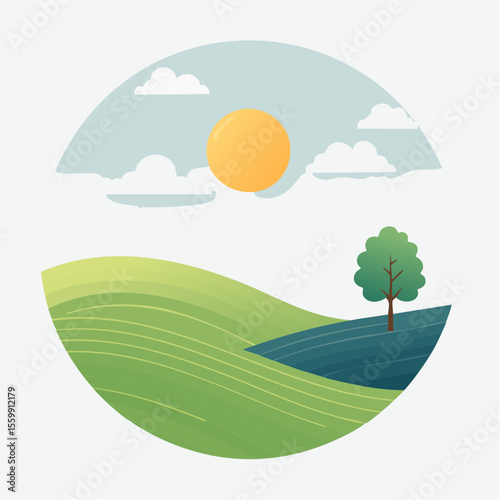 quiet landscape with hills, sun, and a lone tree, soft gradients
