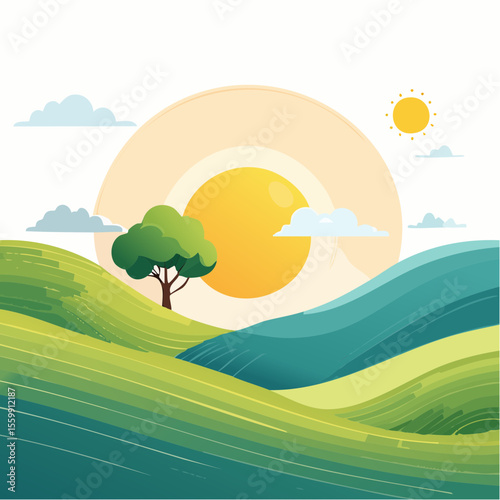 quiet landscape with hills, sun, and a lone tree, soft gradients