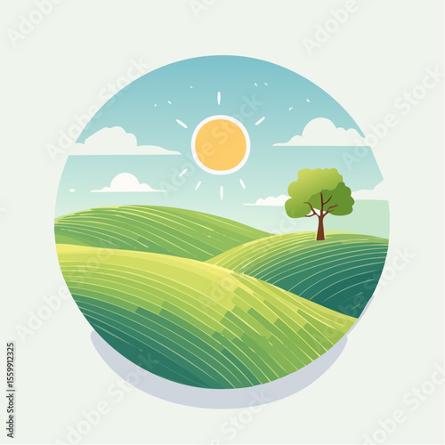 quiet landscape with hills, sun, and a lone tree, soft gradients