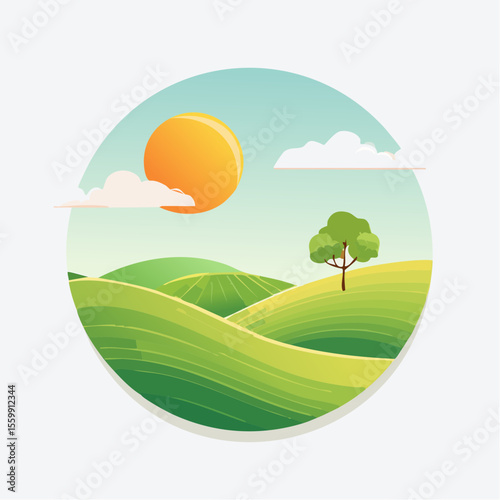 quiet landscape with hills, sun, and a lone tree, soft gradients