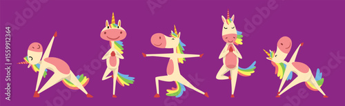 Funny Unicorn Character with Rainbow Tail Practicing Yoga Exercise Vector Set