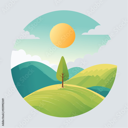 quiet landscape with hills, sun, and a lone tree, soft gradients