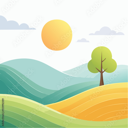 quiet landscape with hills, sun, and a lone tree, soft gradients