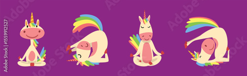 Funny Unicorn Character with Rainbow Tail Practicing Yoga Exercise Vector Set