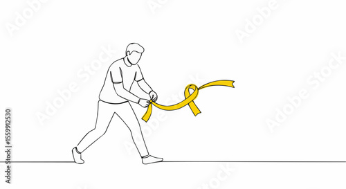 An outline drawing of a person attempting to untie a yellow ribbon, symbolizing a challenging task or cause.