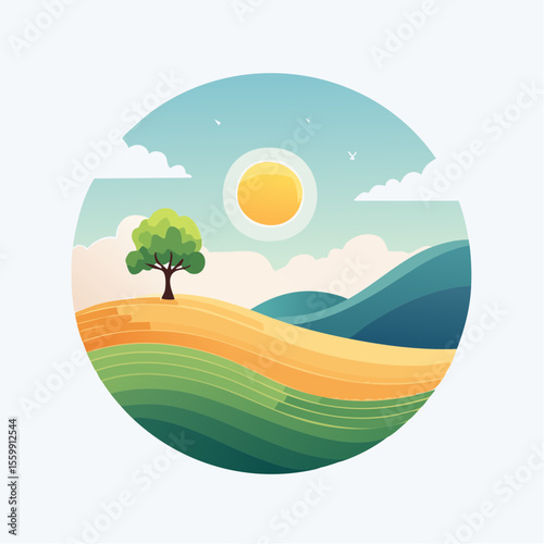 quiet landscape with hills, sun, and a lone tree, soft gradients
