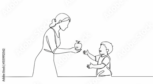 A line drawing shows a mother giving an apple to her child.
