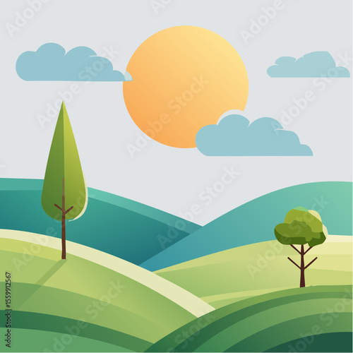 quiet landscape with hills, sun, and a lone tree, soft gradients