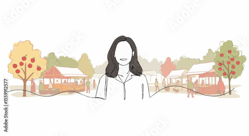 Woman in village scene illustration.