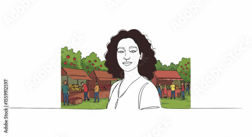 A line drawing of a woman smiling at the camera in front of a farmer's market.