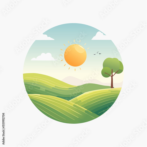 quiet landscape with hills, sun, and a lone tree, soft gradients