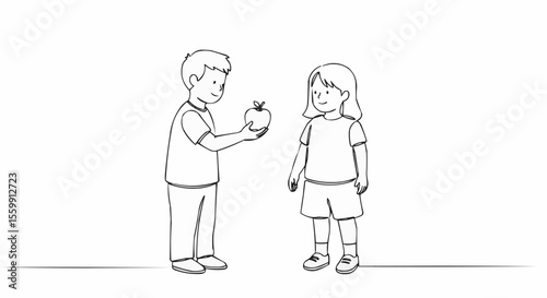A simple sketch of two children, one offering an apple to the other. 