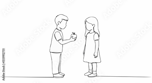 Boy giving girl an apple, simple line art illustration.