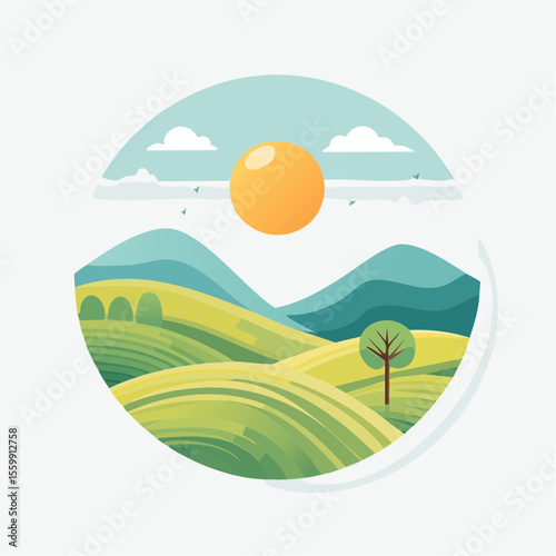quiet landscape with hills, sun, and a lone tree, soft gradients