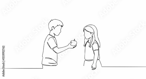 A simple line drawing of a boy offering an apple to a girl, symbolizing kindness and sharing.