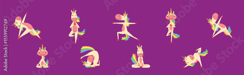 Funny Unicorn Character with Rainbow Tail Practicing Yoga Exercise Vector Set