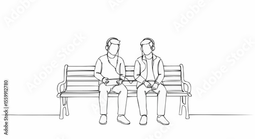 Two individuals listening music while sitting on a bench. 