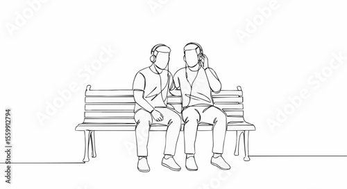 Two friends enjoying music together on a park bench.