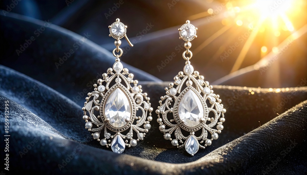 Obraz premium Stunning luxury zircon earrings on soft velvet surface with ornate filigree design elements