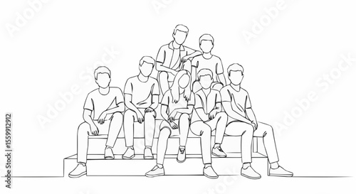Group of Friends sitting on a bench, line art.