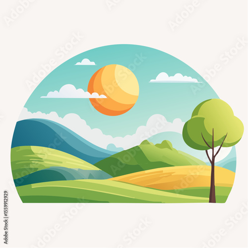 quiet landscape with hills, sun, and a lone tree, soft gradients