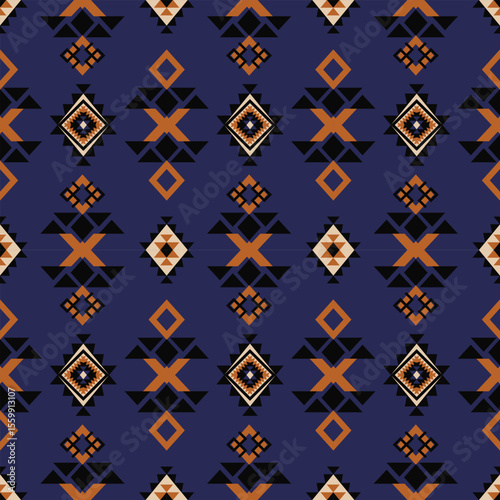 Seamless Tribal Aztec Pattern – Bold Geometric Boho Textile Design in Navy and Orange. design is perfect for fabric prints, home decor, wallpaper, wrapping paper, digital backgrounds.
