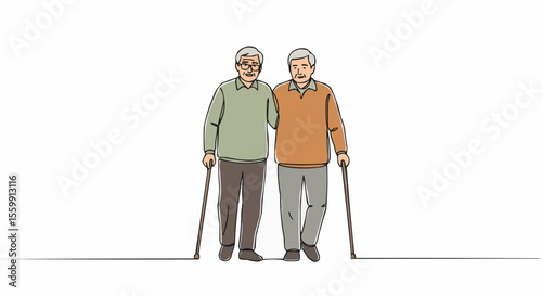 Two senior men walking together, supporting each other with canes.  