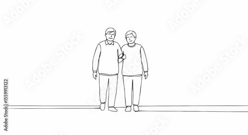 Two older people are seen side by side, walking together and showing friendship or support.