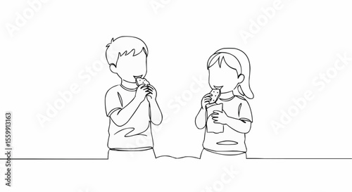 Two children enjoying a snack and a drink together.