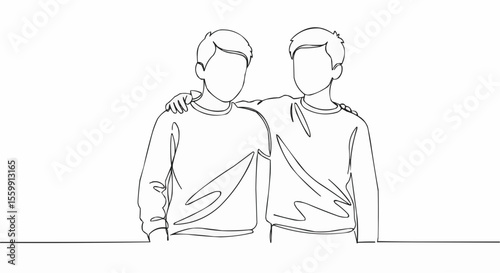Friendship bonding, outline drawing in minimalist style, depicting two friends shoulder to shoulder, embracing camaraderie.