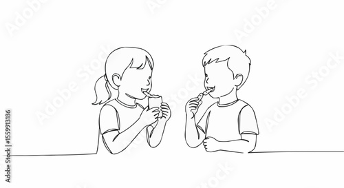 Child drinking from glass and kid brushing teeth in continuous line drawing style