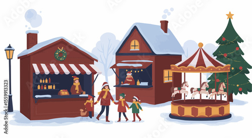 Christmas market illustration with family and carousel.