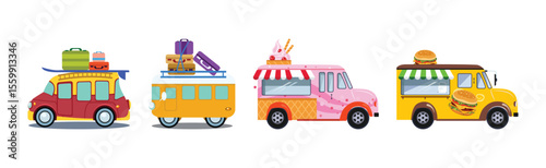 Car and Auto Driving with Travel Bag and Trunk as Holiday Trip Vector Set